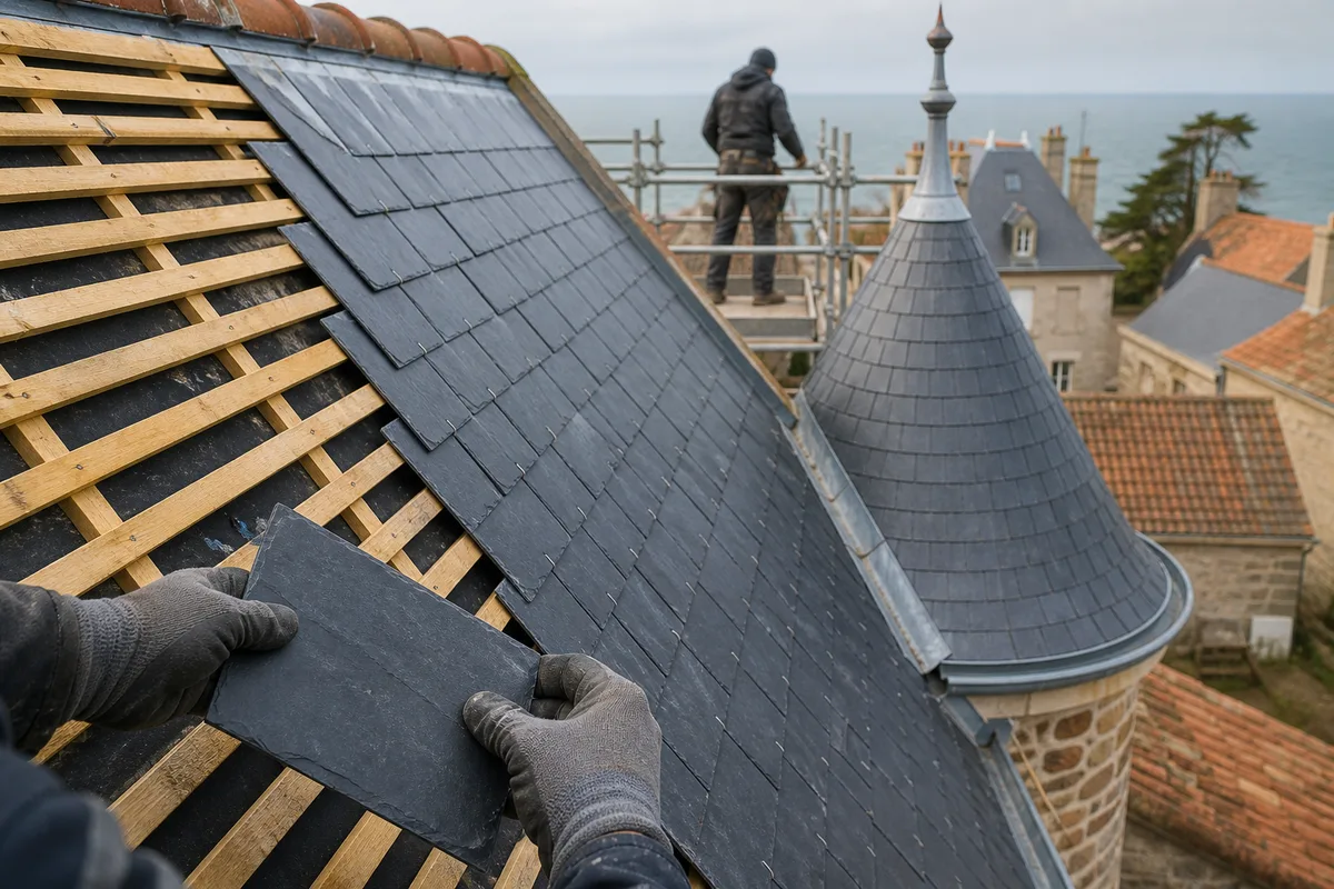 Versant en ardoise d’une villa balnéaire en cours de réfection avec échafaudage et tourelle d’angle