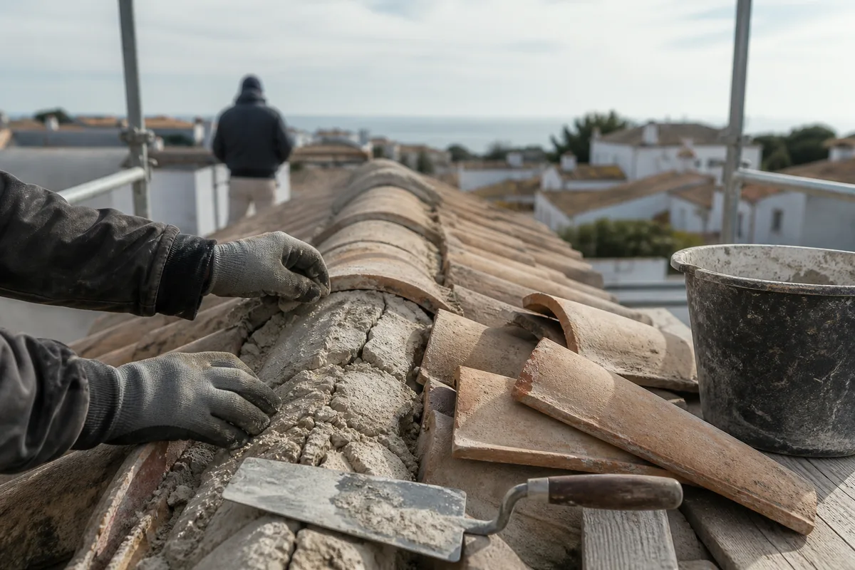Mains gantées d&rsquo;un couvreur vérifiant le scellement d&rsquo;un faîtage sur une toiture rétaise
