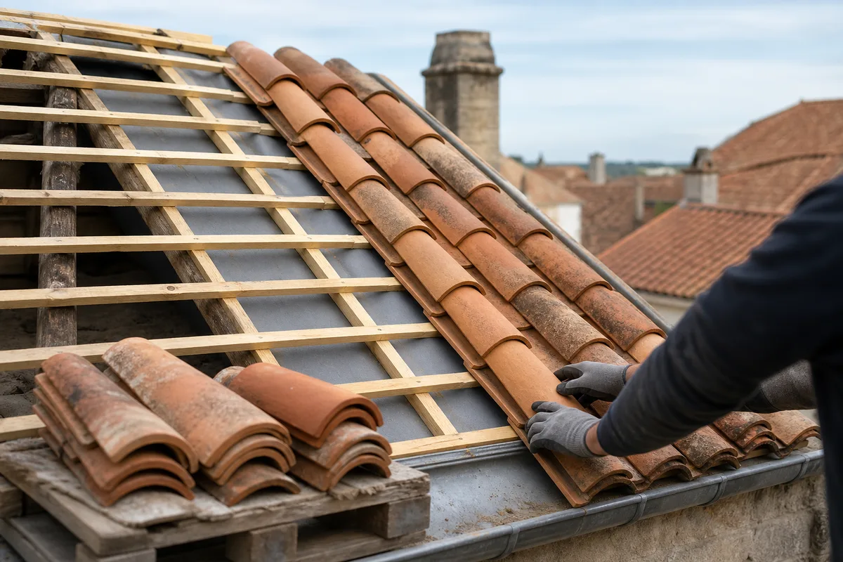 Versant en tuile canal en cours de réfection avec liteaux neufs et écran de sous-toiture