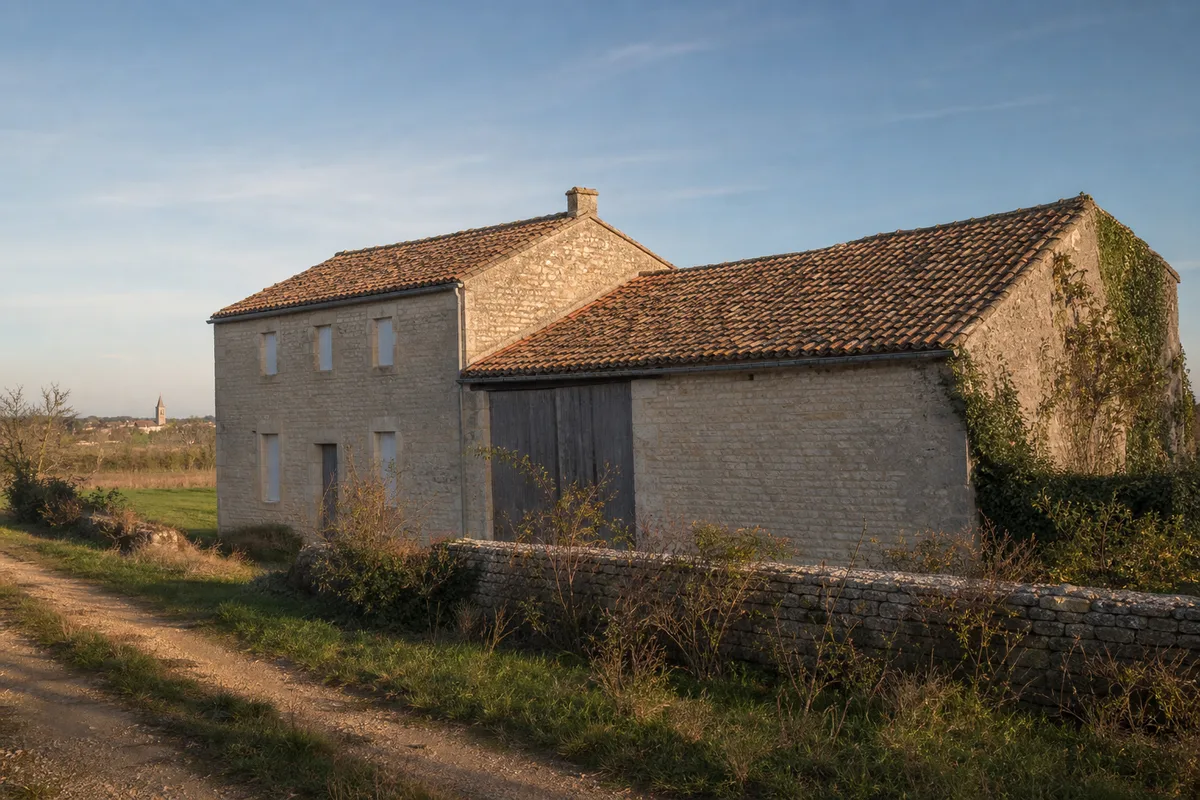 Longère de la plaine d&rsquo;Aunis en pierre calcaire blonde coiffée d&rsquo;un long versant de tuile canal