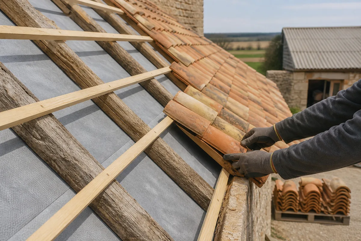Versant de longère en cours de réfection avec écran de sous-toiture tendu et liteaux neufs