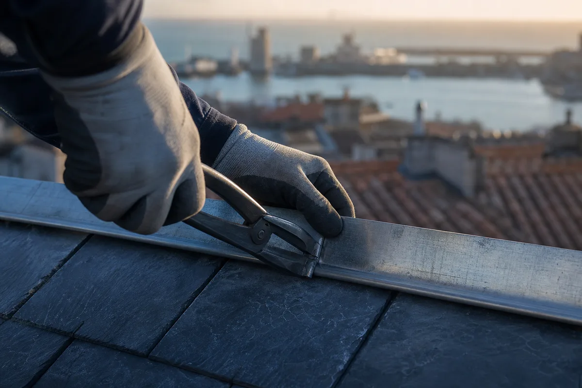 Mains d&rsquo;un artisan pliant une bande de zinc sur une toiture d&rsquo;ardoise face au port de La Rochelle