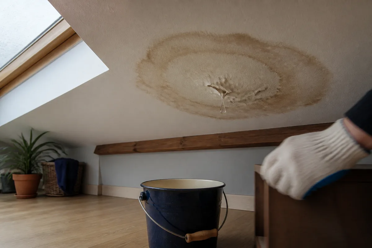 Auréole d&rsquo;humidité et cloque de peinture sur un plafond sous rampant après une pluie d&rsquo;ouest
