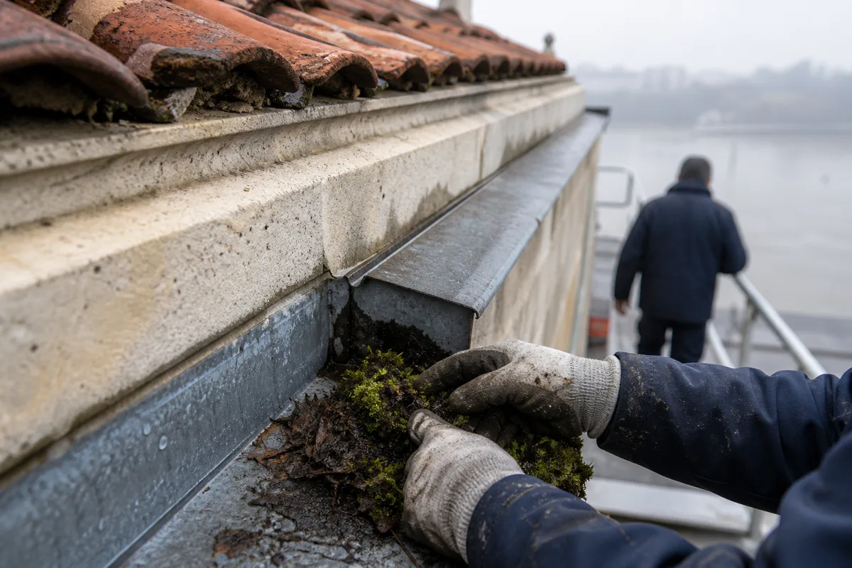Chéneau en zinc encaissé derrière la corniche en pierre d&rsquo;une maison de ville rochefortaise