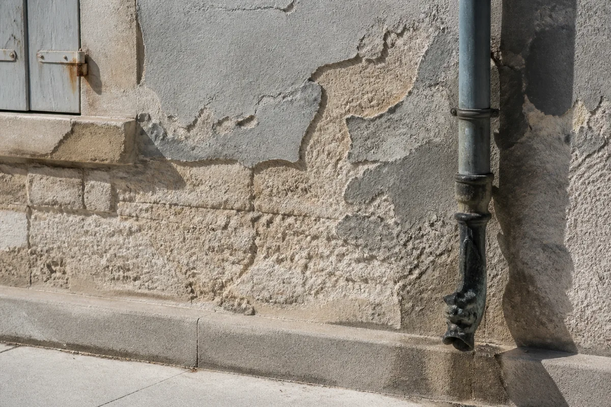 Bas de façade en pierre calcaire blonde à Rochefort dont l&rsquo;enduit dégradé laisse apparaître la pierre