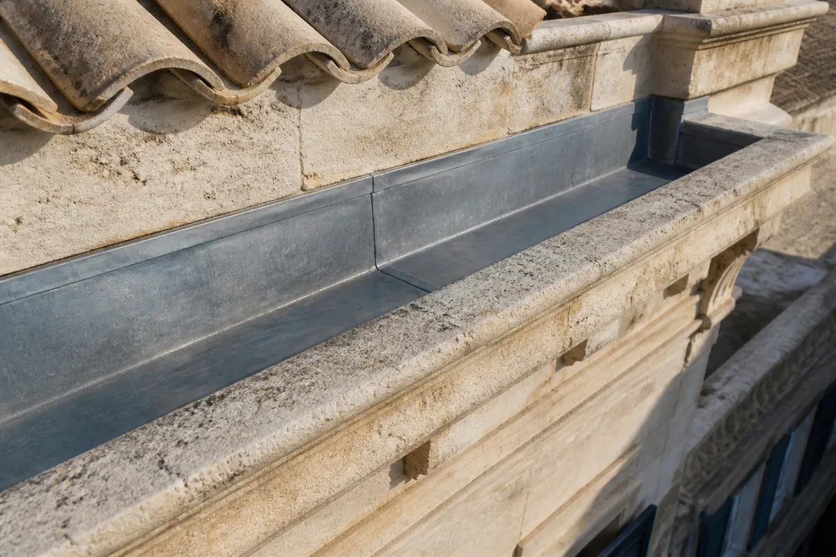 Chéneau en zinc encastré derrière la corniche en pierre calcaire d&rsquo;une maison ancienne